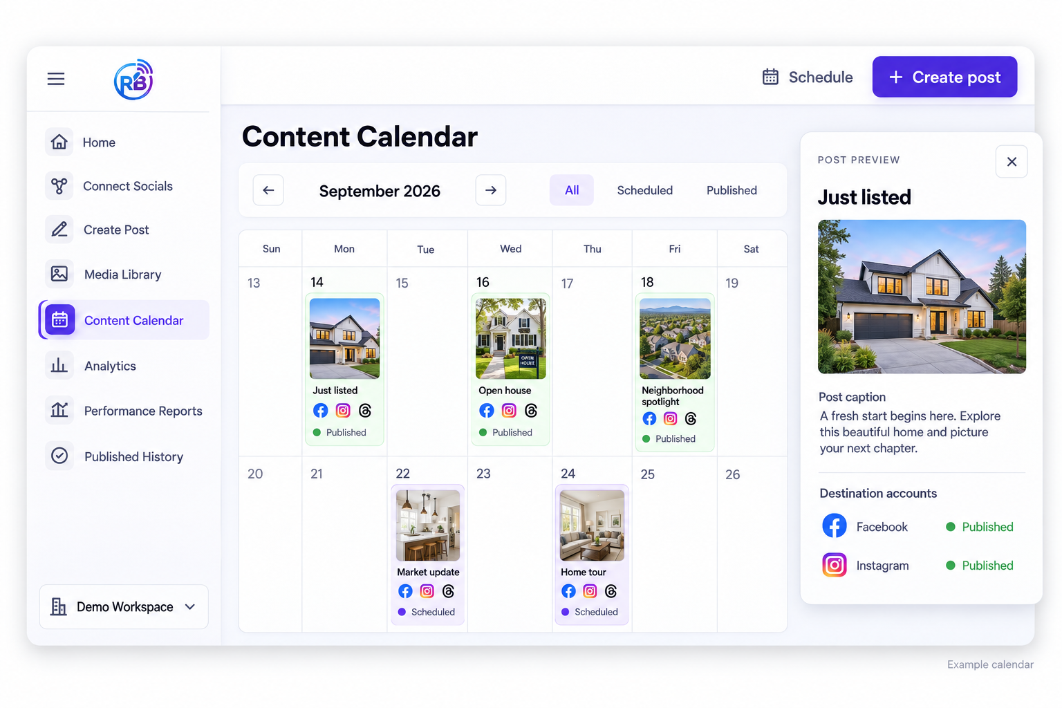 Example RealtorBroadcast Content Calendar with published and scheduled posts, photo thumbnails, and a preview showing the caption and destination accounts